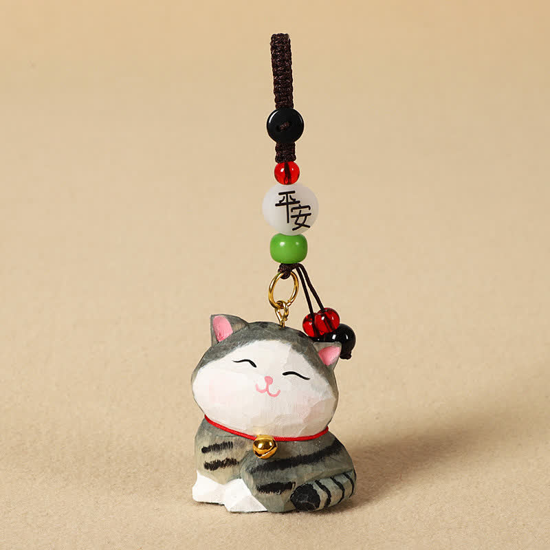 Buddha Stones Porte-clés en bois sculpté représentant un chat Om Mani Padme Hum - Chat rayé paisible - image 10