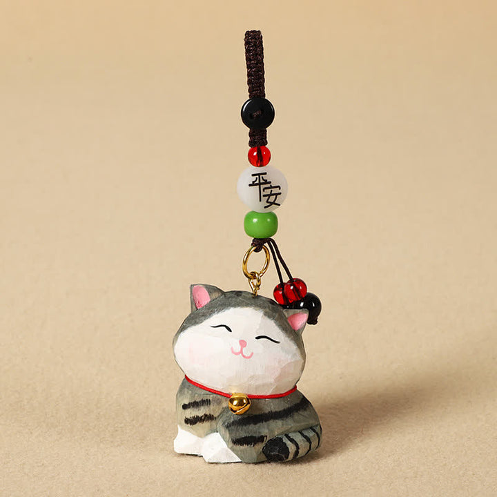 Buddha Stones Porte-clés en bois sculpté représentant un chat Om Mani Padme Hum - Chat rayé paisible - image 10