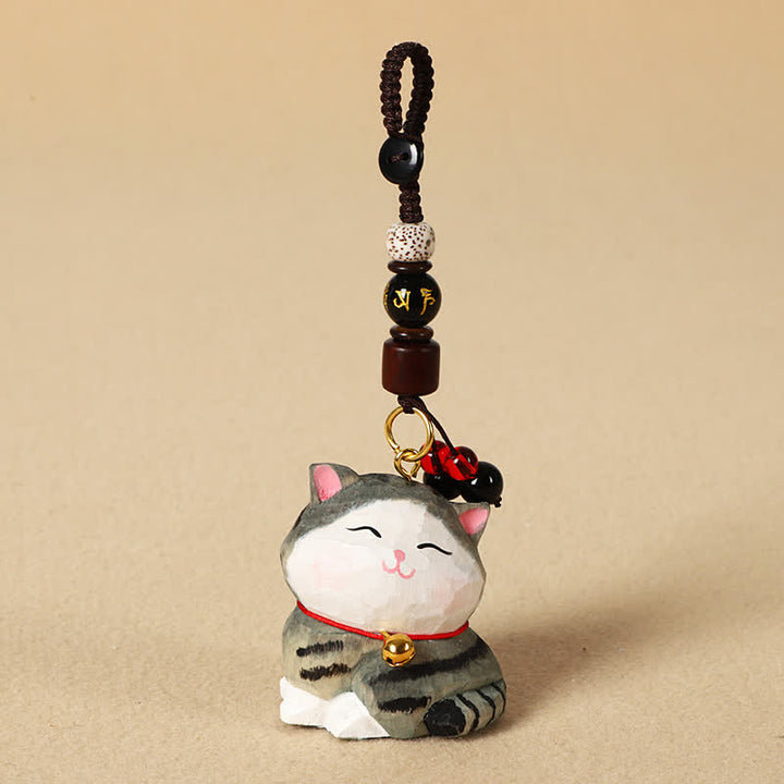 Buddha Stones Porte-clés en bois sculpté représentant un chat Om Mani Padme Hum - Om Mani Padme Hum Chat rayé - image 11