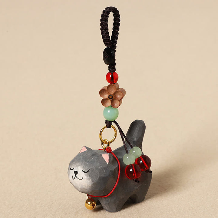Buddha Stones Porte-clés en bois sculpté représentant un chat Om Mani Padme Hum et la paix - Chat gris foncé - image 11
