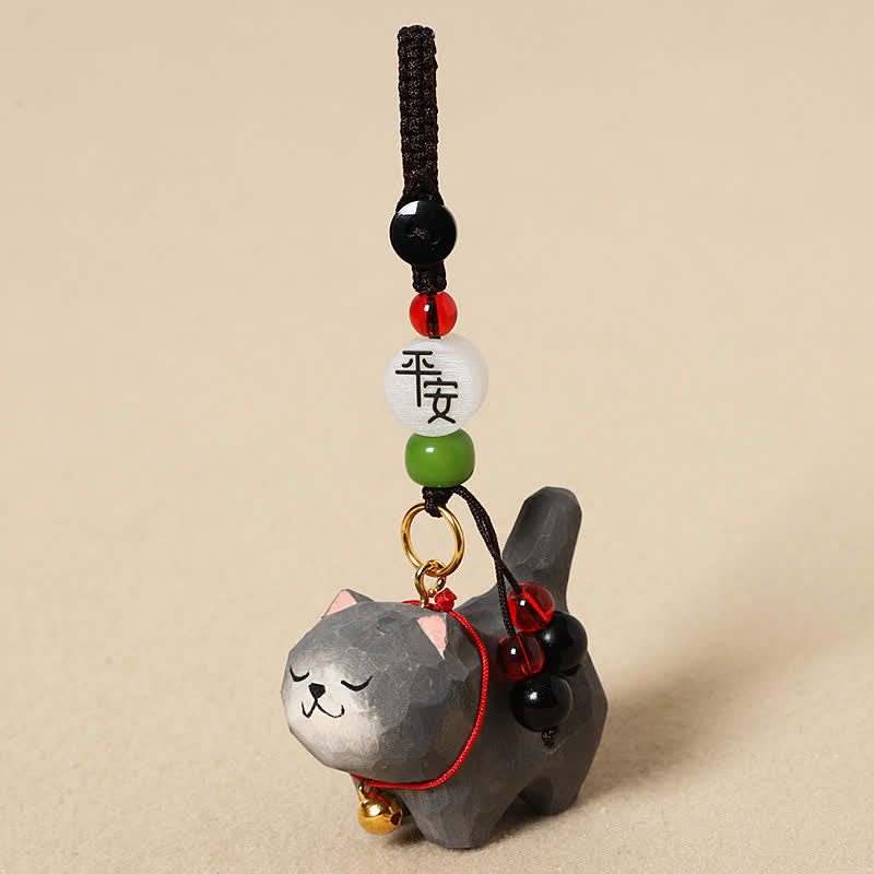 Buddha Stones Porte-clés en bois sculpté représentant un chat Om Mani Padme Hum et la paix - Chat gris foncé paisible - image 12