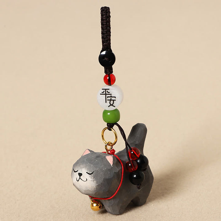 Buddha Stones Porte-clés en bois sculpté représentant un chat Om Mani Padme Hum et la paix - Chat gris foncé paisible - image 12