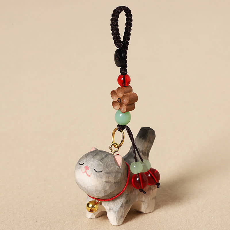 Buddha Stones Porte-clés en bois sculpté représentant un chat Om Mani Padme Hum et la paix - Chat gris - image 0