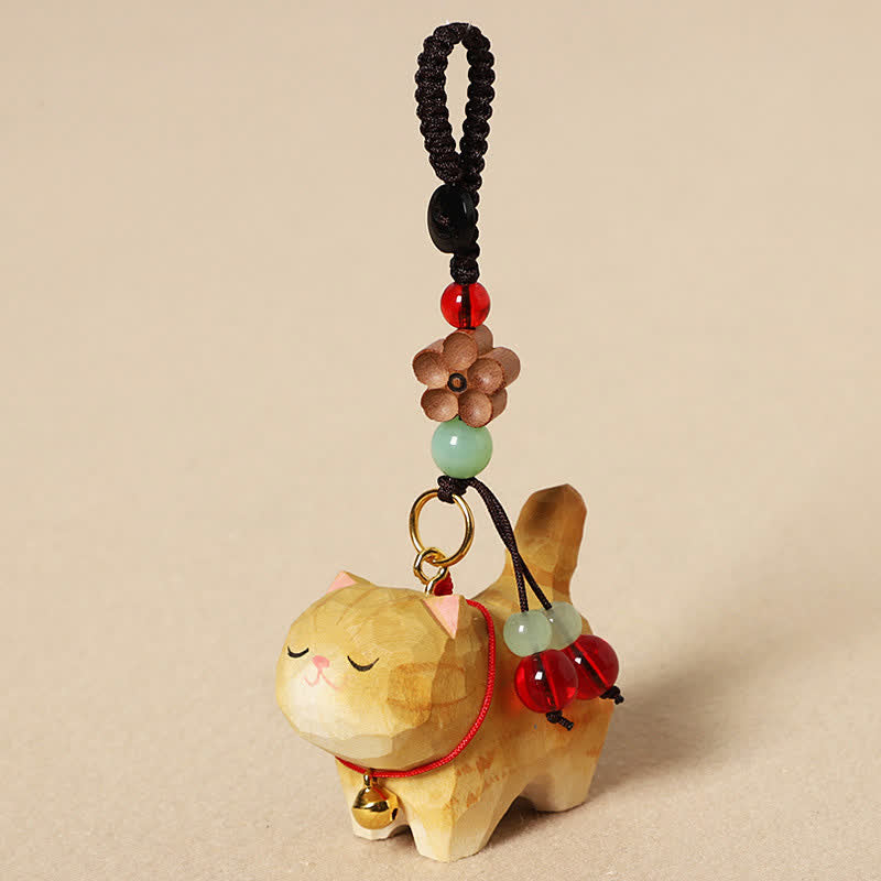 Buddha Stones Porte-clés en bois sculpté représentant un chat Om Mani Padme Hum et la paix - Chat jaune - image 3