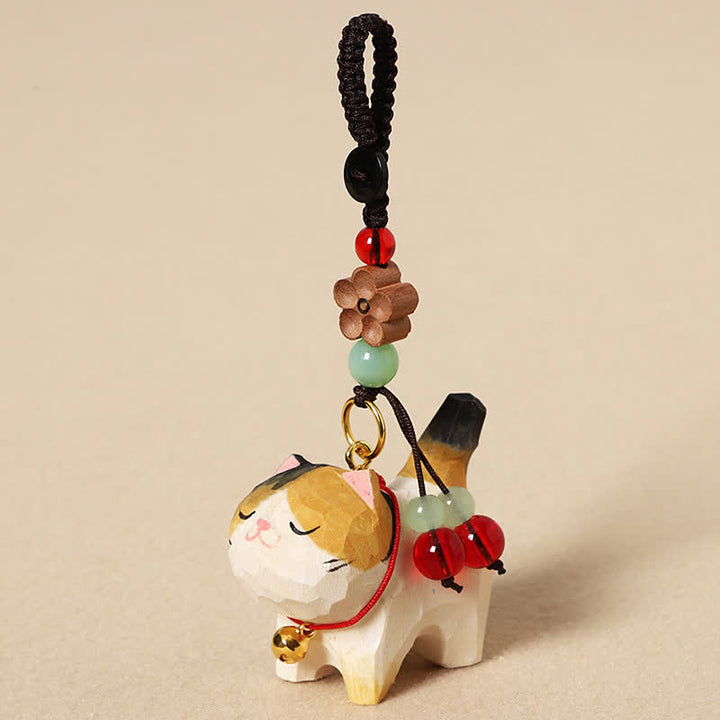Buddha Stones Porte-clés en bois sculpté représentant un chat Om Mani Padme Hum et la paix - Chat tricolore - image 8