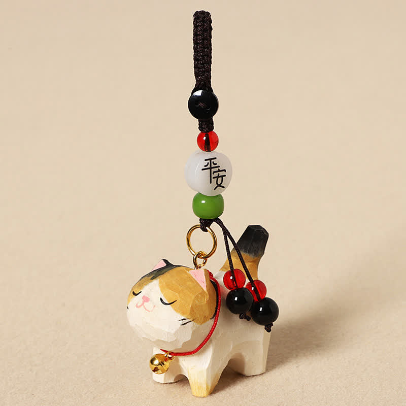 Buddha Stones Porte-clés en bois sculpté représentant un chat Om Mani Padme Hum et la paix - Chat tricolore paisible - image 9