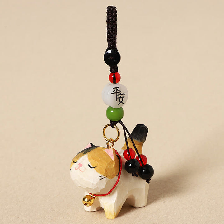 Buddha Stones Porte-clés en bois sculpté représentant un chat Om Mani Padme Hum et la paix - Chat tricolore paisible - image 9