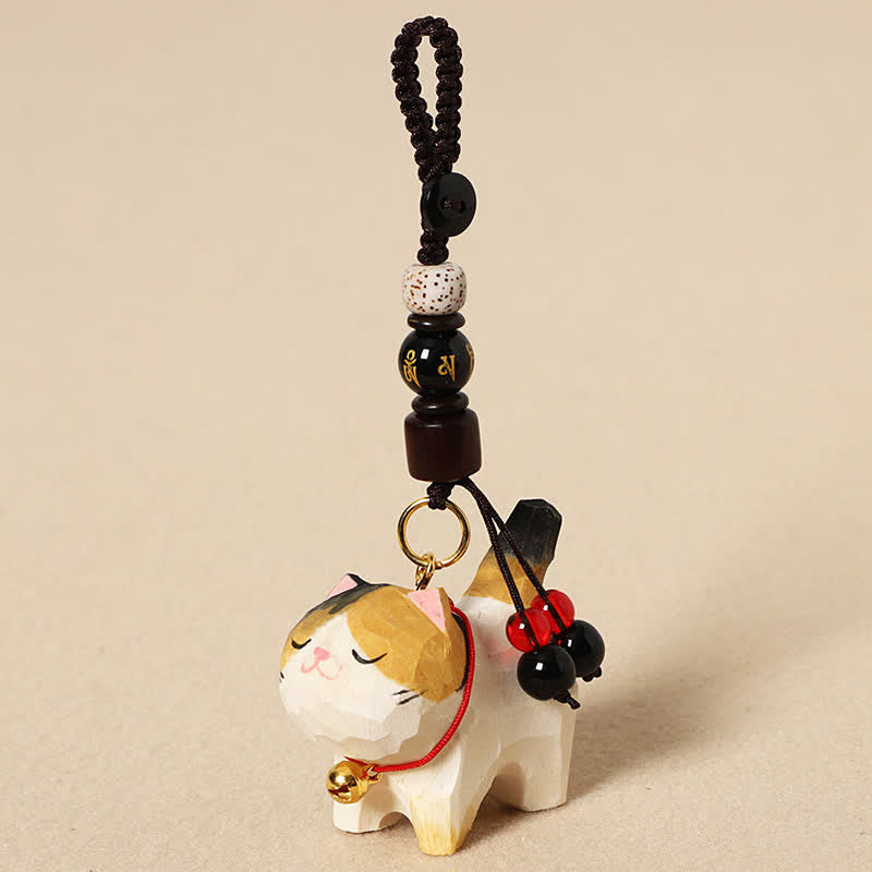 Buddha Stones Porte-clés en bois sculpté représentant un chat Om Mani Padme Hum et la paix - Om Mani Padme Hum Chat tricolore - image 10
