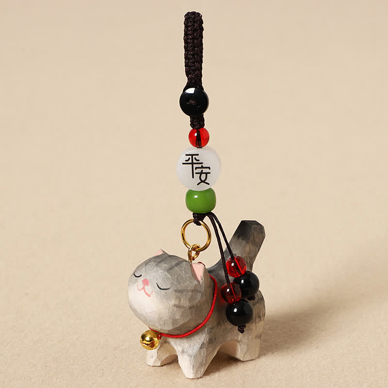 Buddha Stones Porte-clés en bois sculpté représentant un chat Om Mani Padme Hum et la paix - Chat gris paisible - image 1