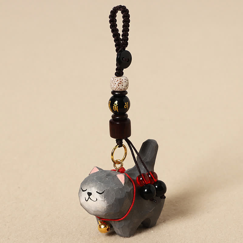 Buddha Stones Porte-clés en bois sculpté représentant un chat Om Mani Padme Hum et la paix - Om Mani Padme Hum Chat gris foncé - image 13