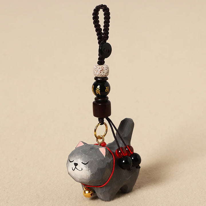 Buddha Stones Porte-clés en bois sculpté représentant un chat Om Mani Padme Hum et la paix - Om Mani Padme Hum Chat gris foncé - image 13
