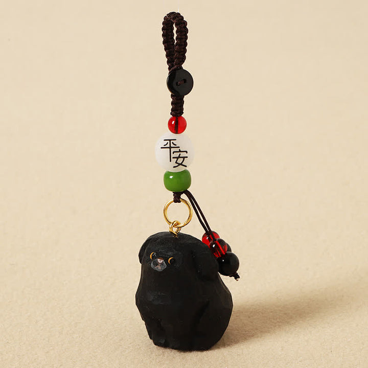 Buddha Stones Porte-clés en bois sculpté représentant un chien, symbole de sagesse Om Mani Padme Hum - Chien noir sûr - image 9