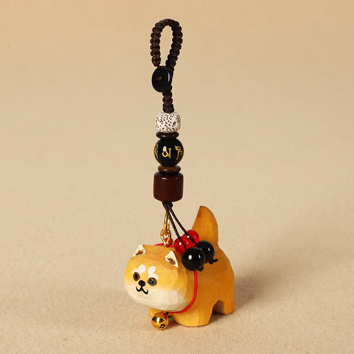 Buddha Stones Porte-clés en bois sculpté représentant un chien Om Mani Padme Hum et la paix - Om Mani Padme Hum Shiba Inu - image 0