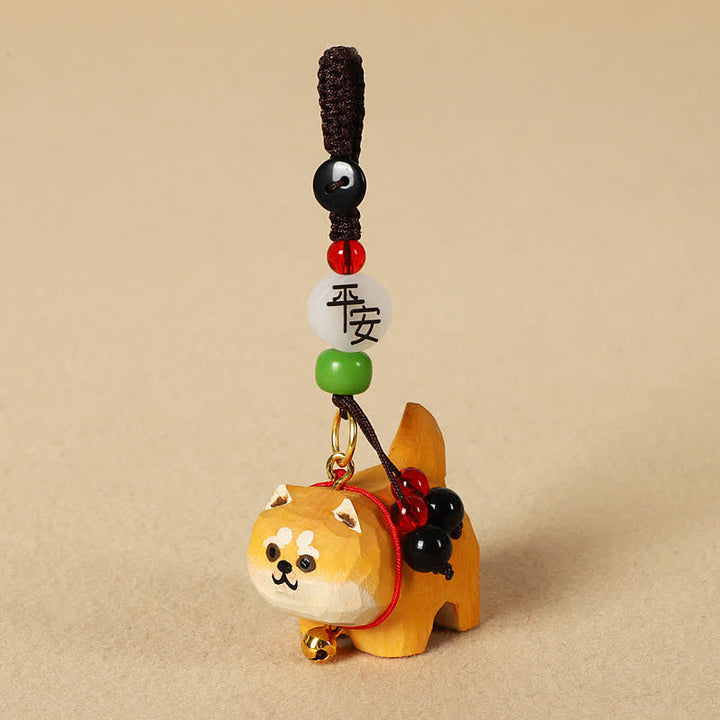 Buddha Stones Porte-clés en bois sculpté représentant un chien Om Mani Padme Hum et la paix - Shiba Inu paisible - image 3