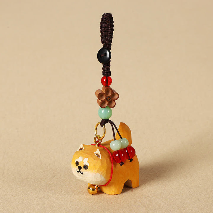 Buddha Stones Porte-clés en bois sculpté représentant un chien Om Mani Padme Hum et la paix - Shiba Inu - image 1