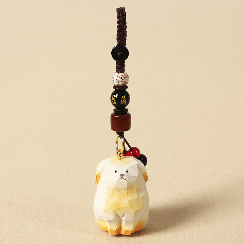 Buddha Stones Porte-clés en bois sculpté représentant un chien Om Mani Padme Hum et symbole de créativité - Om Mani Padme Hum Chien Blanc - image 8