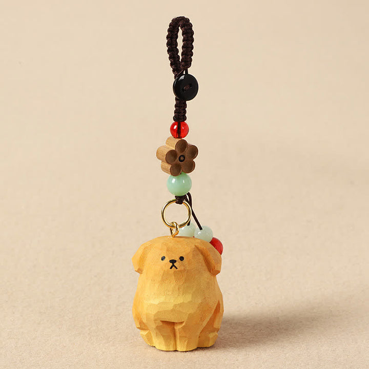 Buddha Stones Porte-clés en bois sculpté représentant un chien Om Mani Padme Hum et symbole de créativité - Chien jaune - image 0
