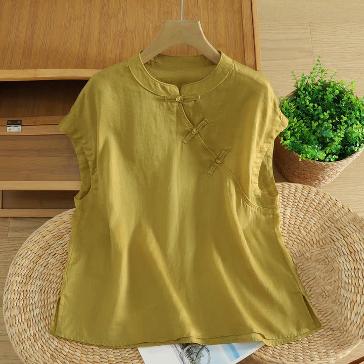 Buddha Stones Débardeur uni à boutons grenouille style Tang, style été, pour femmes - Kaki foncé - US12, UK/AU16, EU44 (2XL) - image 0