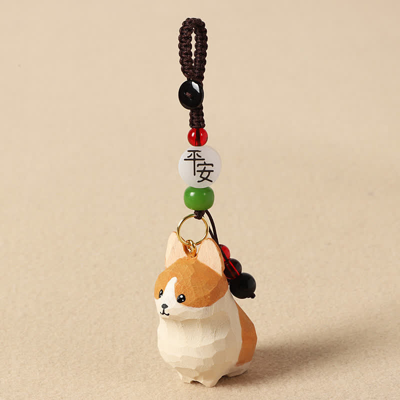 Buddha Stones Porte-clés en bois sculpté Corgi Om Mani Padme Hum Paix - Corgi en sécurité - image 2
