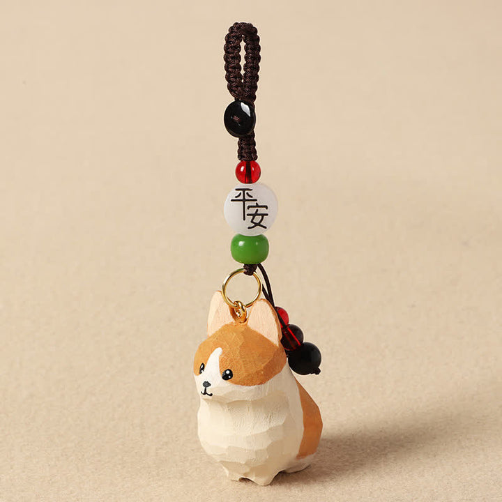 Buddha Stones Porte-clés en bois sculpté Corgi Om Mani Padme Hum Paix - Corgi en sécurité - image 2
