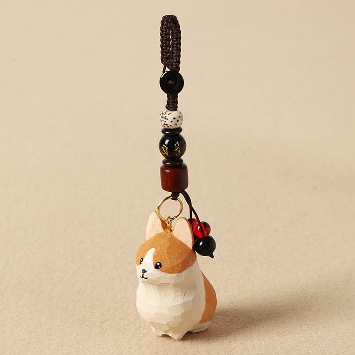 Buddha Stones Porte-clés en bois sculpté Corgi Om Mani Padme Hum Paix - Om Mani Padme Hum Corgi - image 3