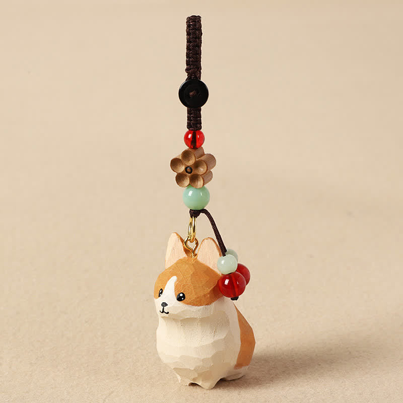 Buddha Stones Porte-clés en bois sculpté Corgi Om Mani Padme Hum Paix - image 1