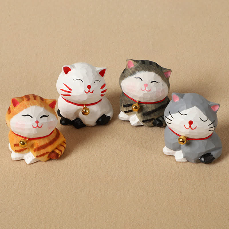 Buddha Stones Porte-clés chat en bois naturel sculpté à la main, décoration animal mignonne - image 0