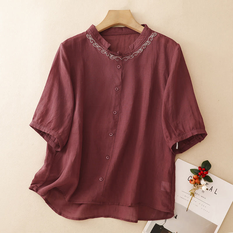 Buddha Stones Chemises d'été décontractées et élégantes pour femmes, style Tang, broderie de vigne, col rond, boutonnées, manches courtes, unies - Bordeaux - US8-10, UK/AU12-14, EU40-42 (2XL) - image 17