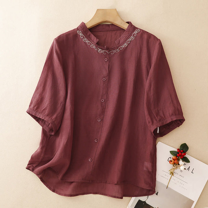 Buddha Stones Chemises d'été décontractées et élégantes pour femmes, style Tang, broderie de vigne, col rond, boutonnées, manches courtes, unies - Bordeaux - US8-10, UK/AU12-14, EU40-42 (2XL) - image 17