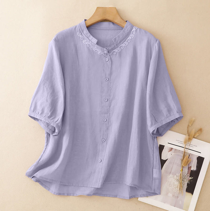 Buddha Stones Chemises d'été décontractées et élégantes pour femmes, style Tang, broderie de vigne, col rond, boutonnées, manches courtes, unies - Chardon - US8-10, UK/AU12-14, EU40-42 (2XL) - image 0