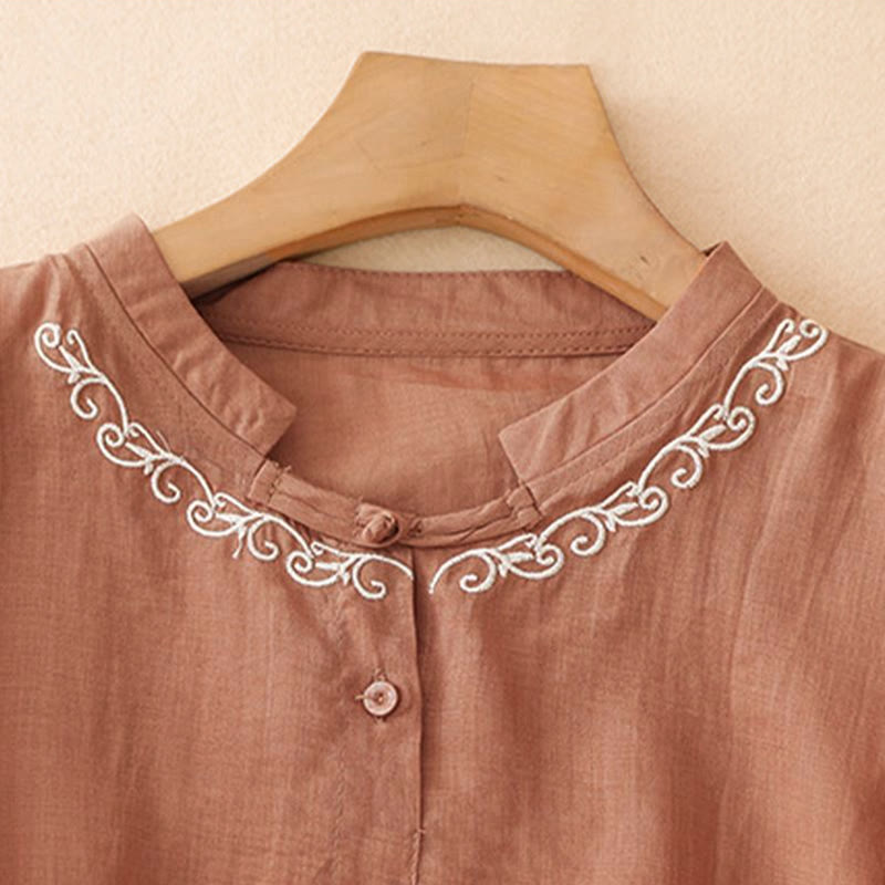 Buddha Stones Chemises d'été décontractées et élégantes pour femmes, style Tang, broderie de vigne, col rond, boutonnées, manches courtes, unies - image 10