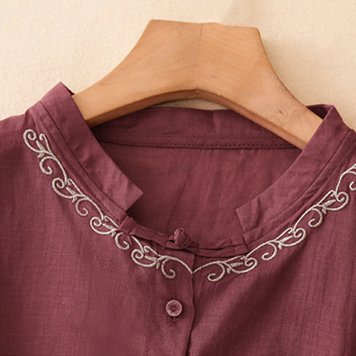 Buddha Stones Chemises d'été décontractées et élégantes pour femmes, style Tang, broderie de vigne, col rond, boutonnées, manches courtes, unies - image 18