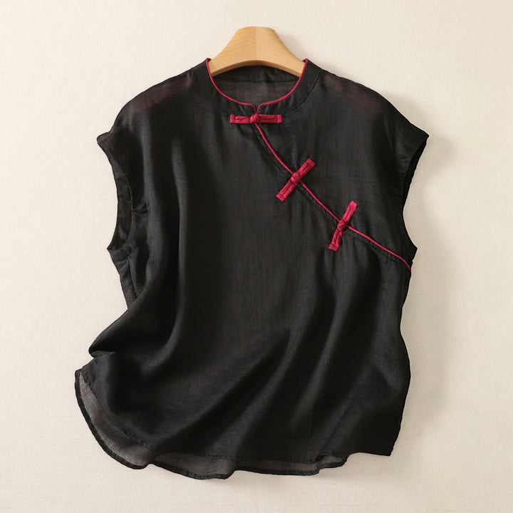 Buddha Stones Débardeur uni à boutons grenouille style Tang, style été, pour femmes - Noir - US12, UK/AU16, EU44 (2XL) - image 0