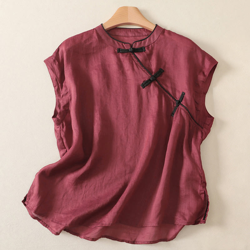 Buddha Stones Débardeur uni à boutons grenouille style Tang, style été, pour femmes - Bordeaux - US12, UK/AU16, EU44 (2XL) - image 6