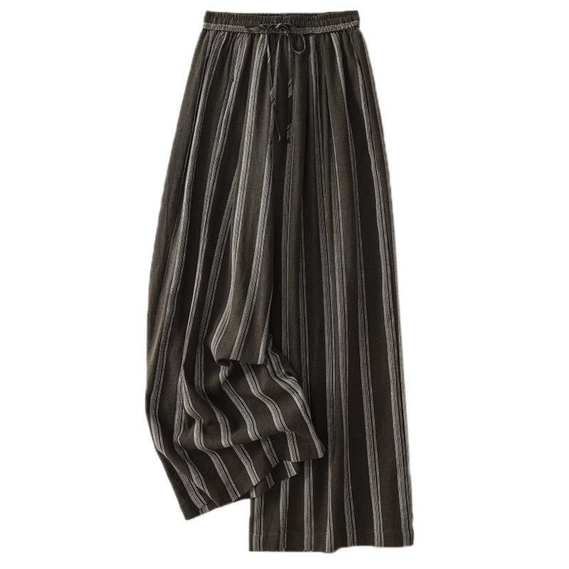 Buddha Stones Pantalon long rayé minimaliste décontracté d'été à cordon de serrage, jambes larges et poches pour femme - image 1