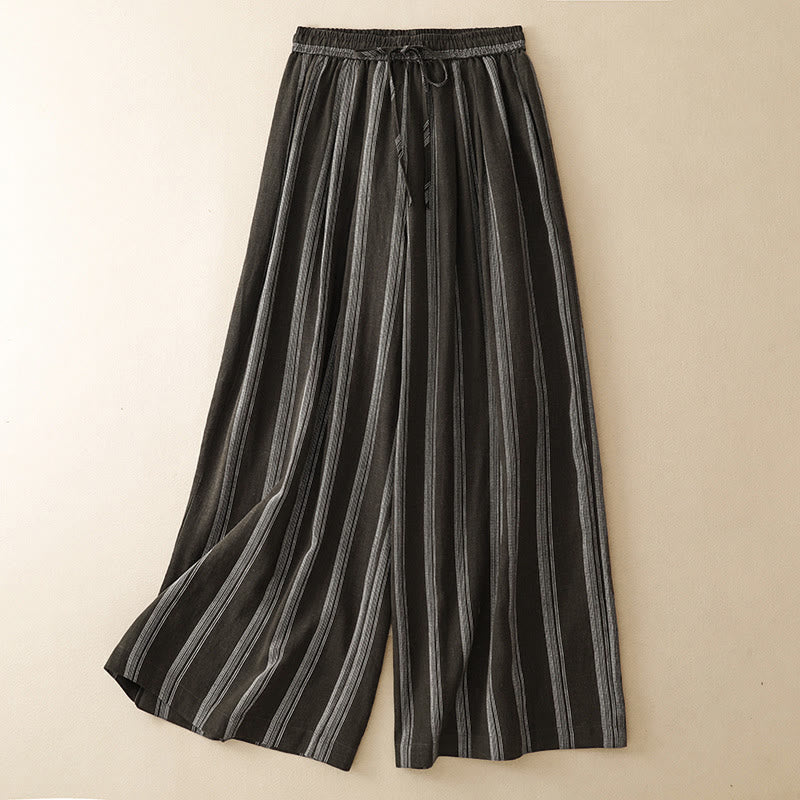 Buddha Stones Pantalon long rayé minimaliste décontracté d'été à cordon de serrage, jambes larges et poches pour femme - SaddleBrown - US8-10, UK/AU12-14, EU40-42 (2XL) - image 0