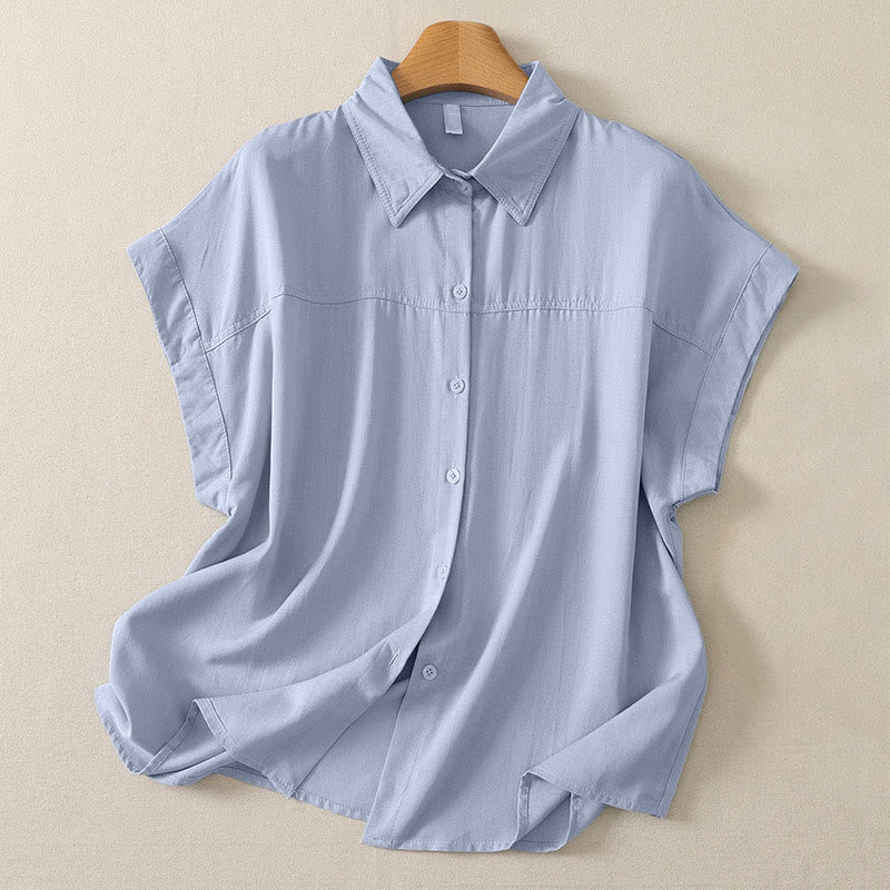 Buddha Stones Chemises à manches courtes boutonnées unies pour femmes, style minimaliste décontracté d'été - Bleu acier clair - US8-10, UK/AU12-14, EU40-42 (2XL) - image 0