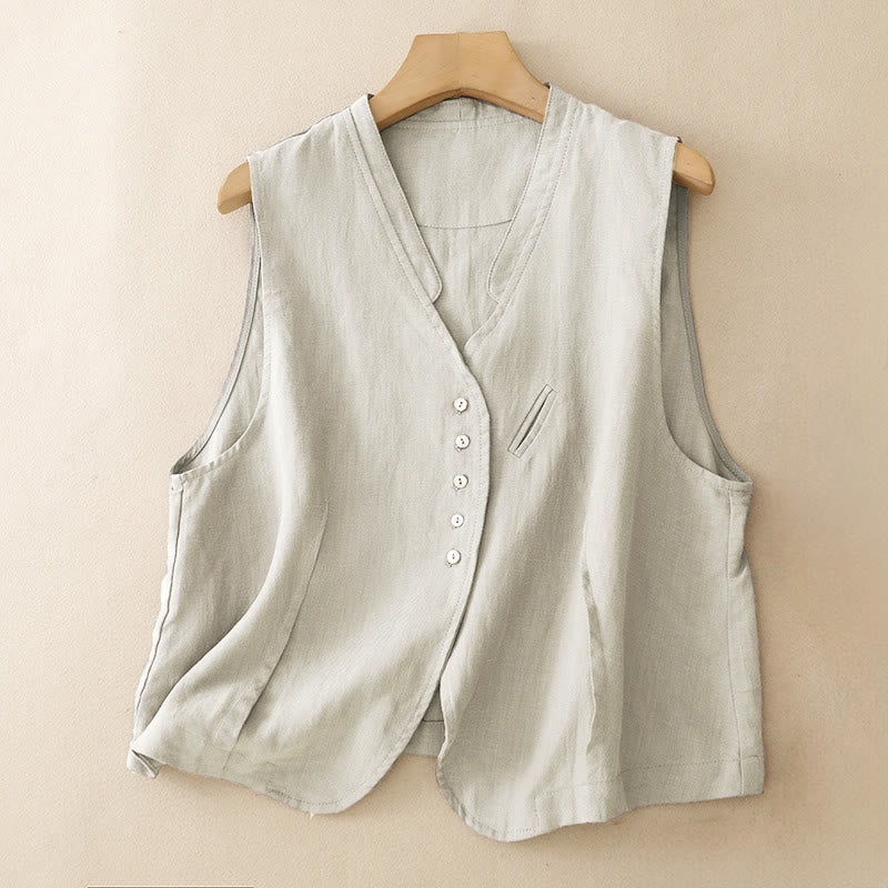 Buddha Stones Débardeur uni à col en V, style minimaliste et décontracté, pour femme. Chemise sans manches. - Lin - US12, UK/AU16, EU44 (2XL) - image 0
