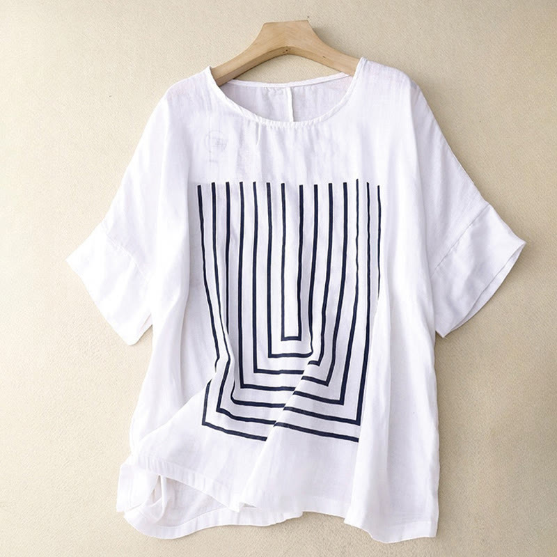 T-shirt décontracté à manches courtes en coton et lin pour femme, motif imprimé Buddha Stones - Blanc - US12，UK/AU16，EU44 (2XL) - image 11