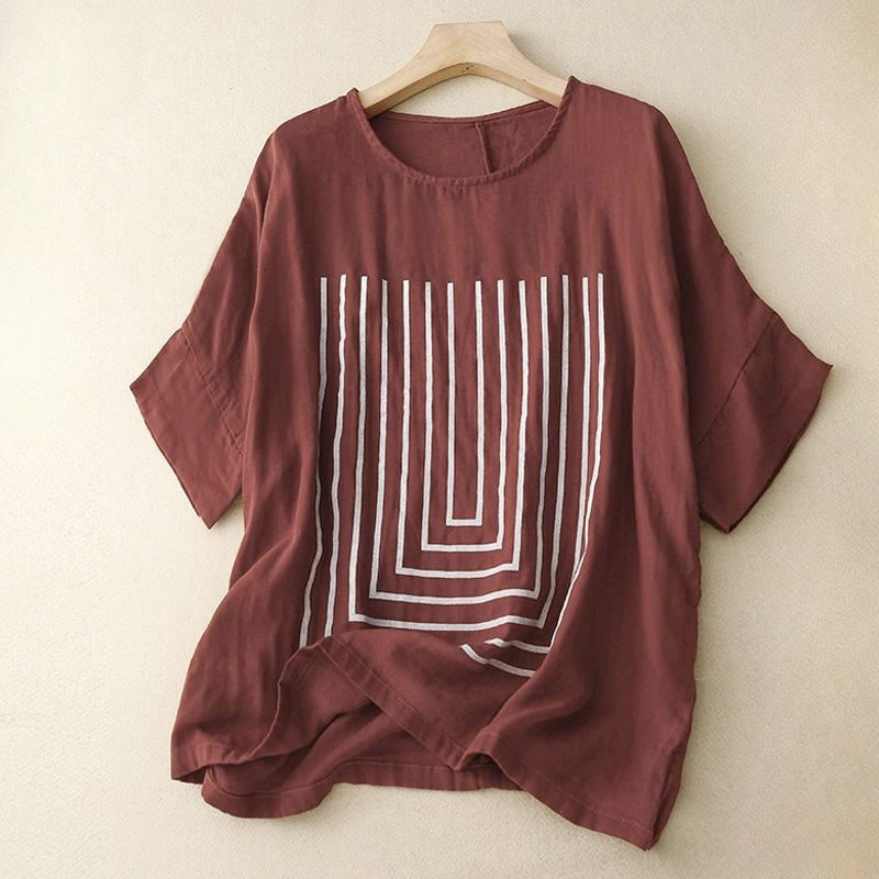 T-shirt décontracté à manches courtes en coton et lin pour femme, motif imprimé Buddha Stones - Bordeaux - US12，UK/AU16，EU44 (2XL) - image 7