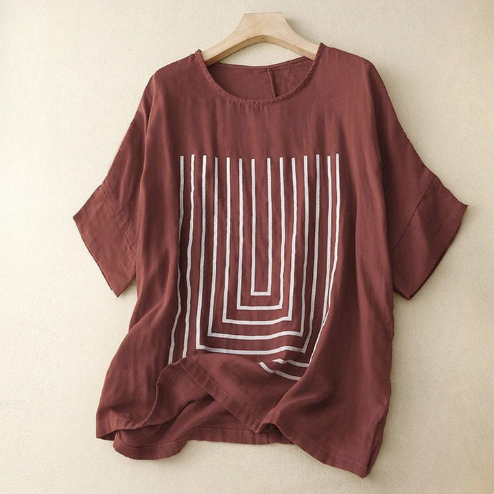 T-shirt décontracté à manches courtes en coton et lin pour femme, motif imprimé Buddha Stones - Bordeaux - US12，UK/AU16，EU44 (2XL) - image 7