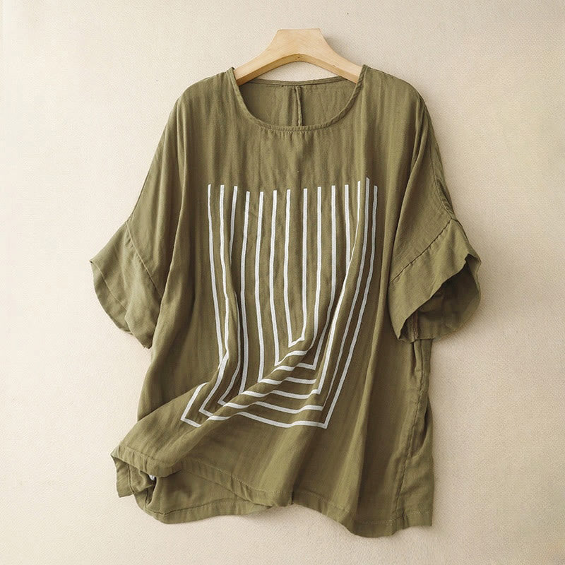 T-shirt décontracté à manches courtes en coton et lin pour femme, motif imprimé Buddha Stones - Olive - US12，UK/AU16，EU44 (2XL) - image 0