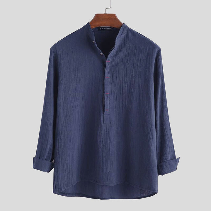 Chemises pour hommes en coton à manches longues, demi-boutons, couleur unie, motif Buddha Stones - SteelBlue - US/UK/AU42，EU52 (3XL) - image 4