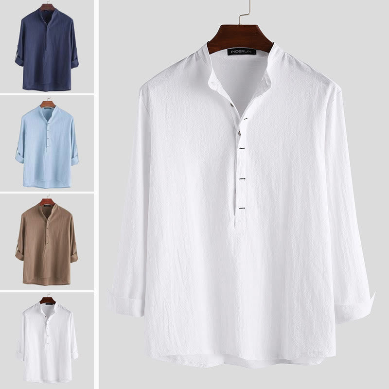 Chemises pour hommes en coton à manches longues, demi-boutons, couleur unie, motif Buddha Stones - image 1