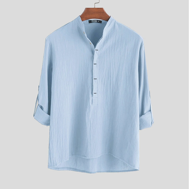 Chemises pour hommes en coton à manches longues, demi-boutons, couleur unie, motif Buddha Stones - Bleu ciel clair - US/UK/AU42，EU52 (3XL) - image 3