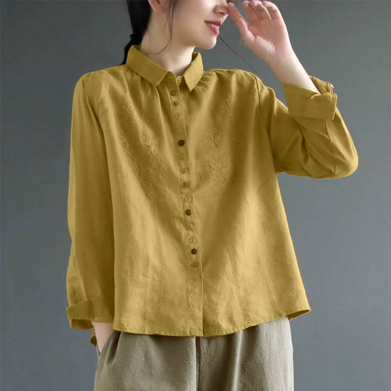 Chemise femme à manches longues, broderie de printemps, motif Buddha Stones, étiquette bouton colorée - DarkGoldenrod - US12，UK/AU16，EU44 (2XL) - image 0