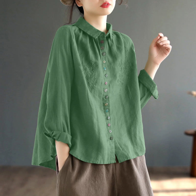 Chemise femme à manches longues, broderie de printemps, motif Buddha Stones, étiquette bouton colorée - Vert mer moyen - US12，UK/AU16，EU44 (2XL) - image 9