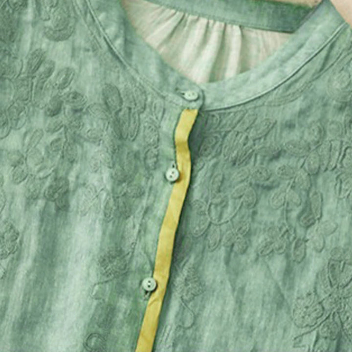 Robe midi d'été décontractée à manches trois-quarts, ornée de broderies et de Buddha Stones, col montant. - image 1