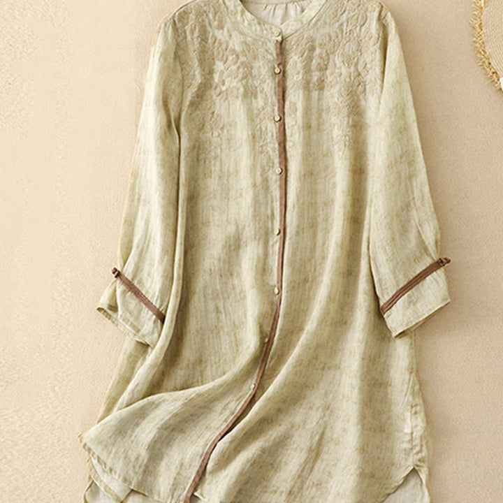 Robe midi d'été décontractée à manches trois-quarts, ornée de broderies et de Buddha Stones, col montant. - image 13