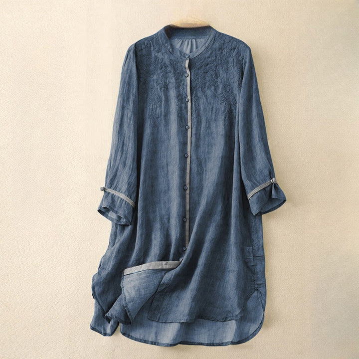 Robe midi d'été décontractée à manches trois-quarts, ornée de broderies et de Buddha Stones, col montant. - Bleu royal - US8-10，UK/AU12-14，EU40-42 (2XL) - image 5